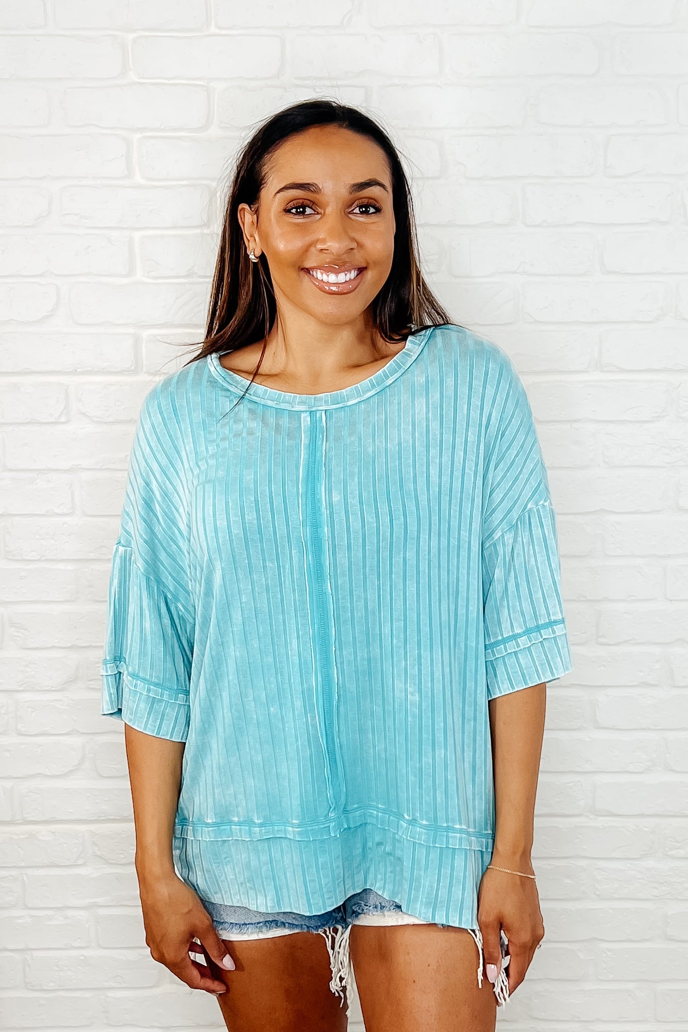 Loosely Speaking Oversized Basic Top in Turquoise