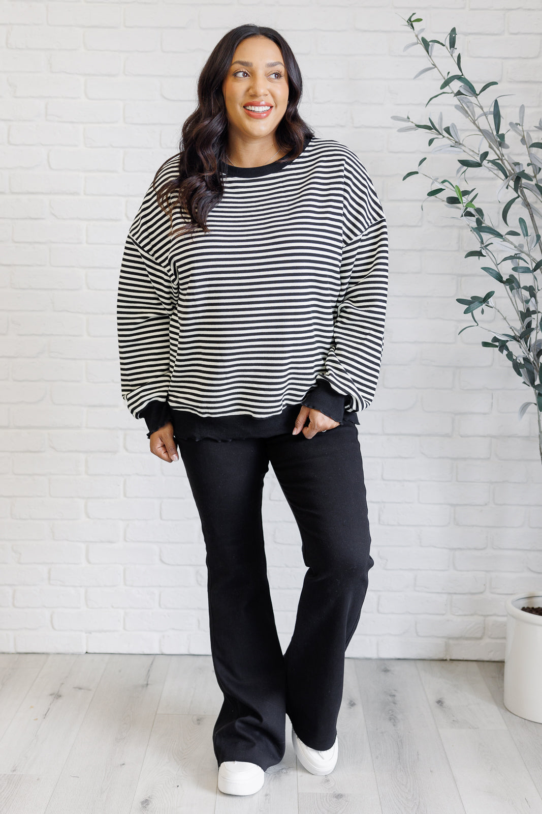 Too Good to Be True Striped Drop Shoulder Top in Black